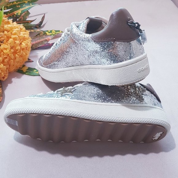 COACH STAR EMBELLISHED GLITTER & LEATHER SNEAKERS - Picture 8 of 14